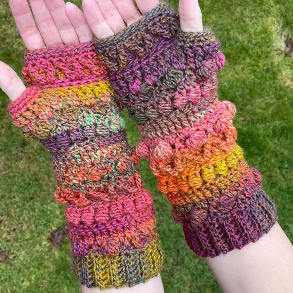 Handmade Crochet Fable Fingerless Gloves Blue Purple Green Yellow Orange OSFM - Picture 2 of 4